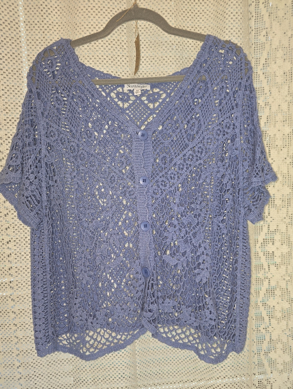 North Style Blue Crochet Sweater Top Vest Short Sleeve 2X
